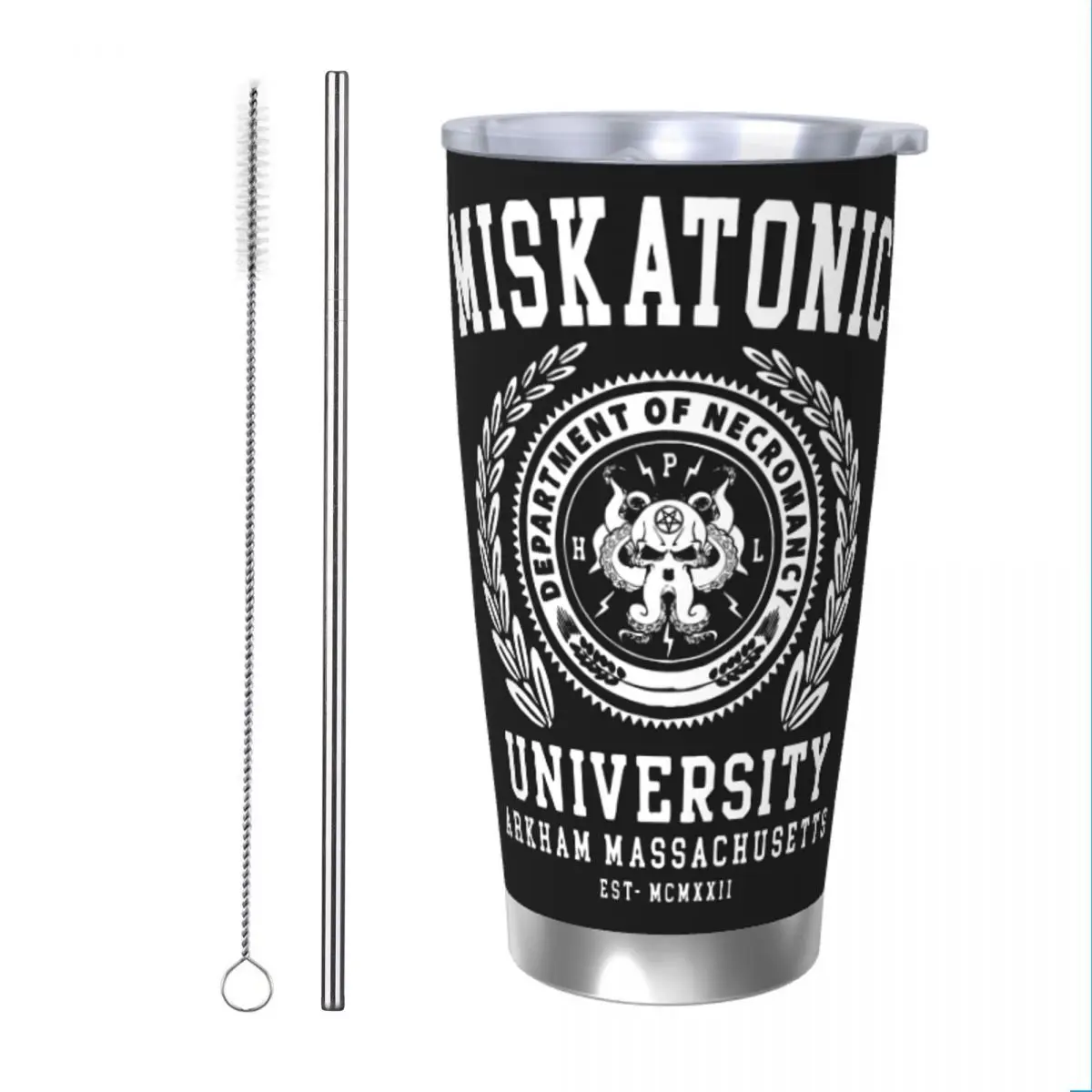 

Cthulu Lovecraft Miskatonic University Insulated Tumbler with Straws Necronomicon Thermal Mug Office Home Thermos Bottle Cups