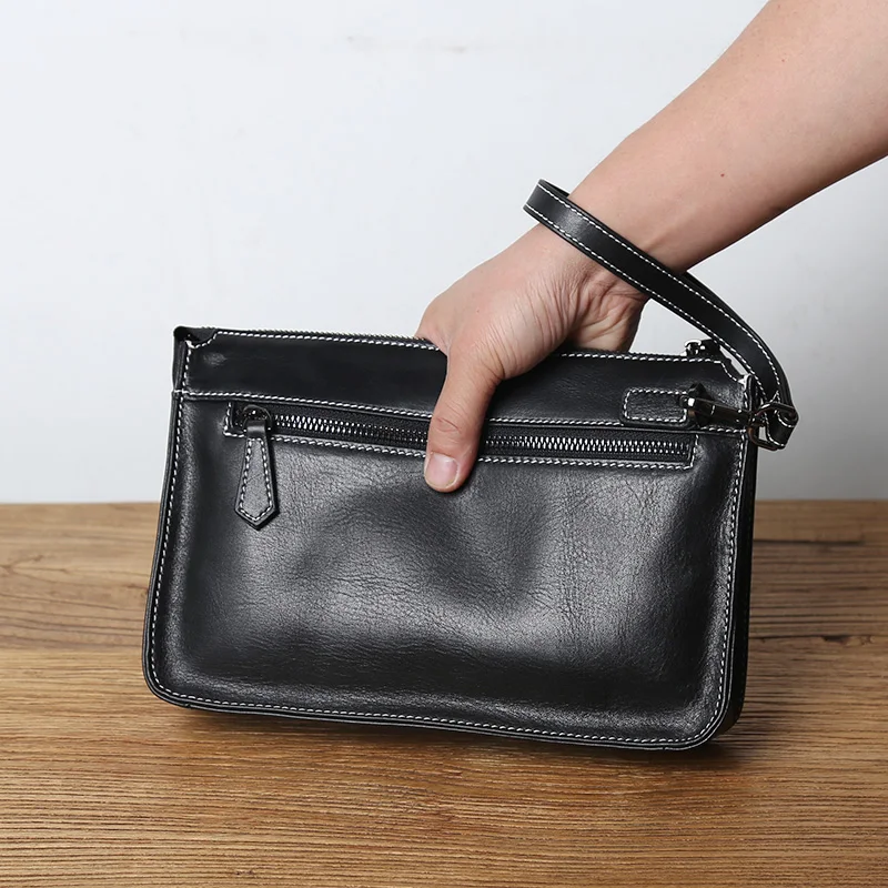 NZPJ Genuine Leather Men's Clutch Bag Natural Cowhide Wallet Large Capacity Mobile Phone Bag Casual Businesse Envelope for