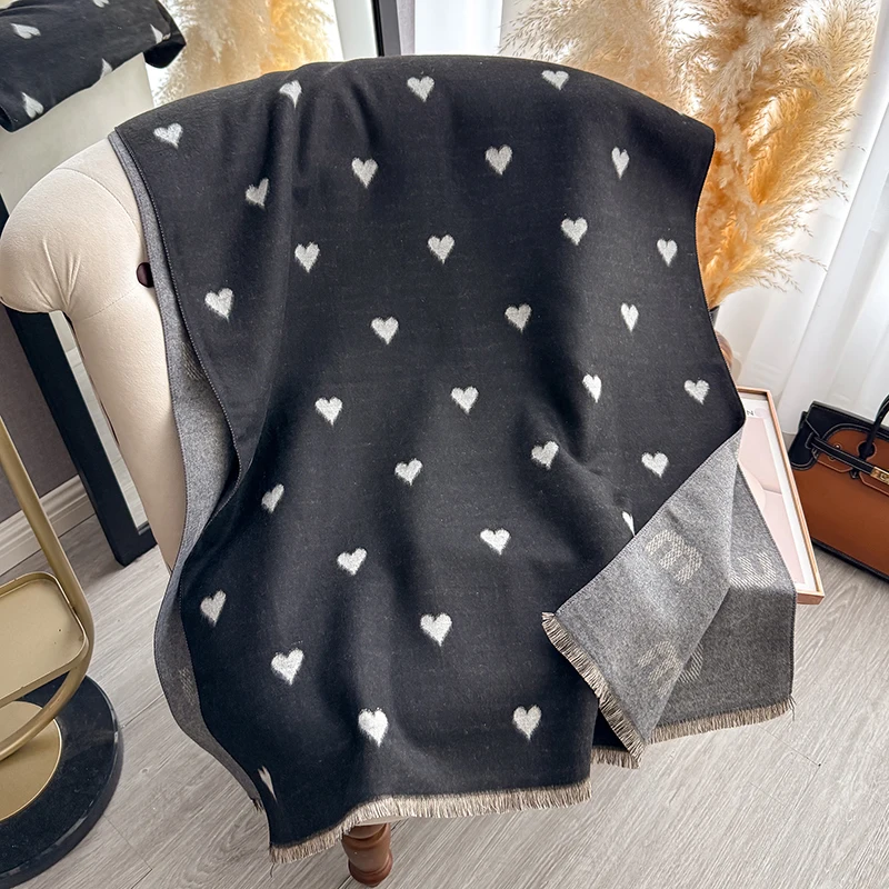 Women's Autumn Winter Faux Cashmere Scarf Shawl Wrap - New Heart Jacquard Pattern, Warm Neck Guard, Doubles as Blanket