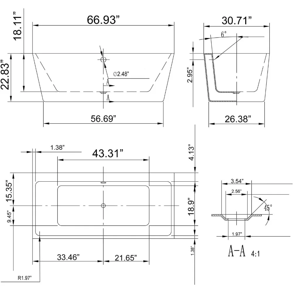 67" Luxury Acrylic Soaking SPA Tub Modern Bathtubs Model 67FT1516, White Bathtubs 5