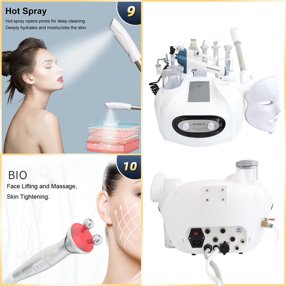 10 in 1 Hydrogen Oxygen Small Bubble Machine Facial Steamer Lumi Spa H2O2 Hydro Dermabrasion Beauty Face Massage Devices