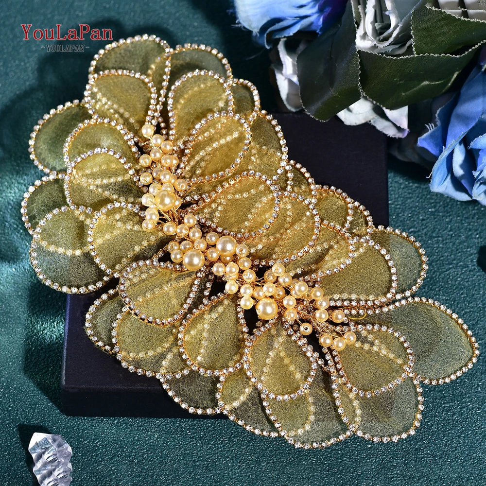 Handmade Mesh Flower Headband Women Gold Color Pearl Headwear Hair Accessories Rhinestone Wedding Headdress HP681