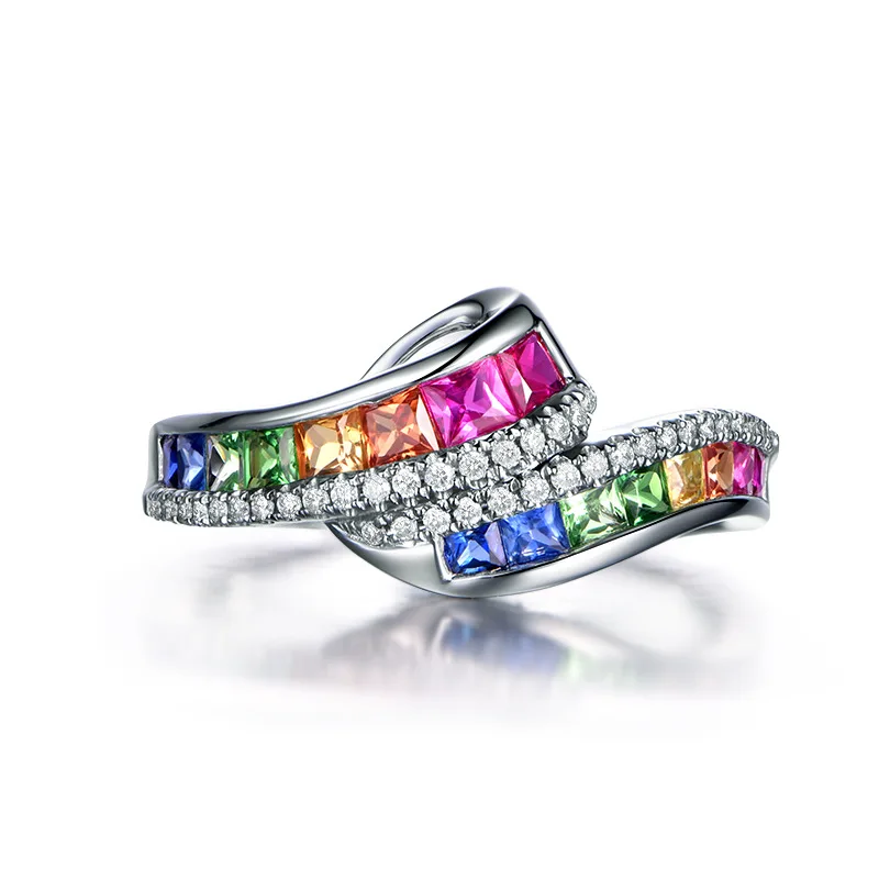 

European and American Synthetic Red Sapphire Ring Plated 18K Gold Inlaid Zircon Rainbow Color Gemstone Women's Row Ring