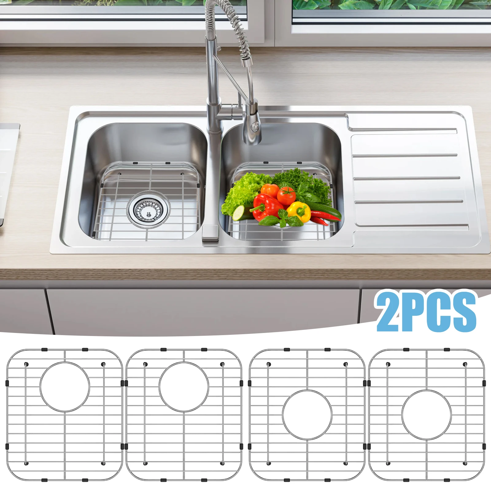 2pcs Sink Grid Sink Bottom Protectors Drain Rack Fruit Vegetable Rack Stainless Steel Dish Stand for Dishware Drainage