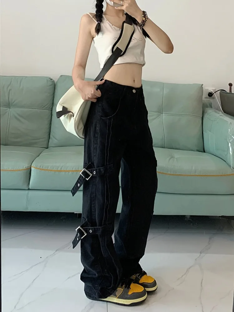 HOUZHOU Y2K Cyber Punk Bandage Jeans Women Gothic Hippie Streetwear Black Cargo Pants Oversize Harajuku Grunge Loose Trousers