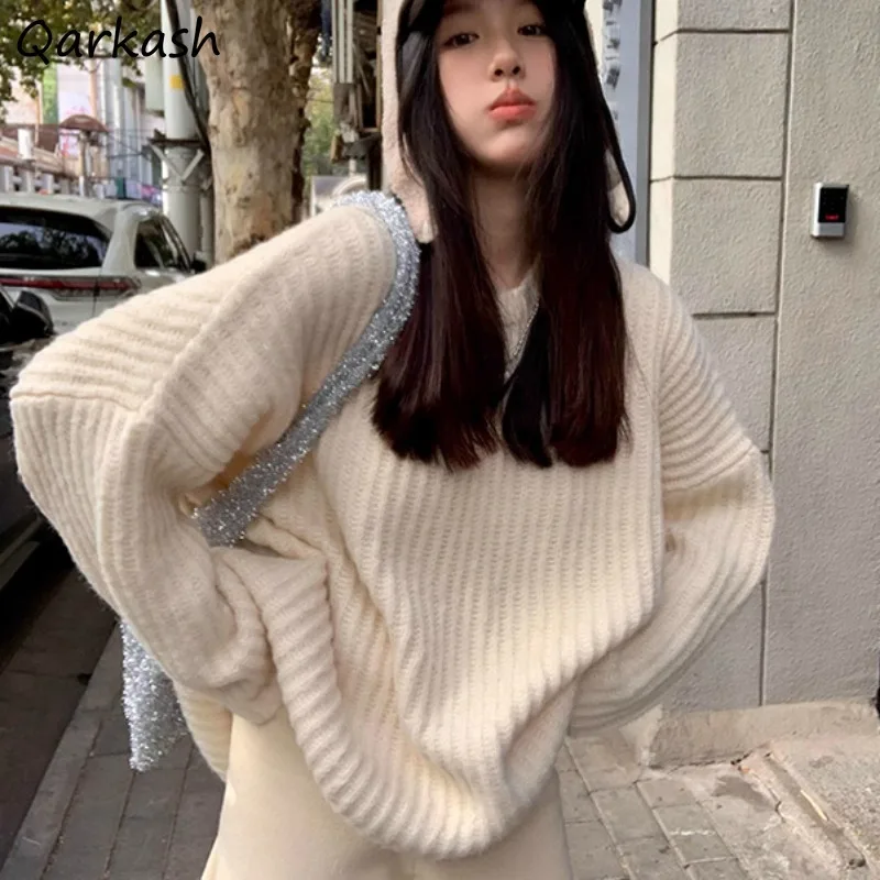 

Autumn Winter Pullovers Women Solid All-match Loose Thick Warm Simple Knitted Chic Students Preppy Gentle Baggy Slouchy O-neck