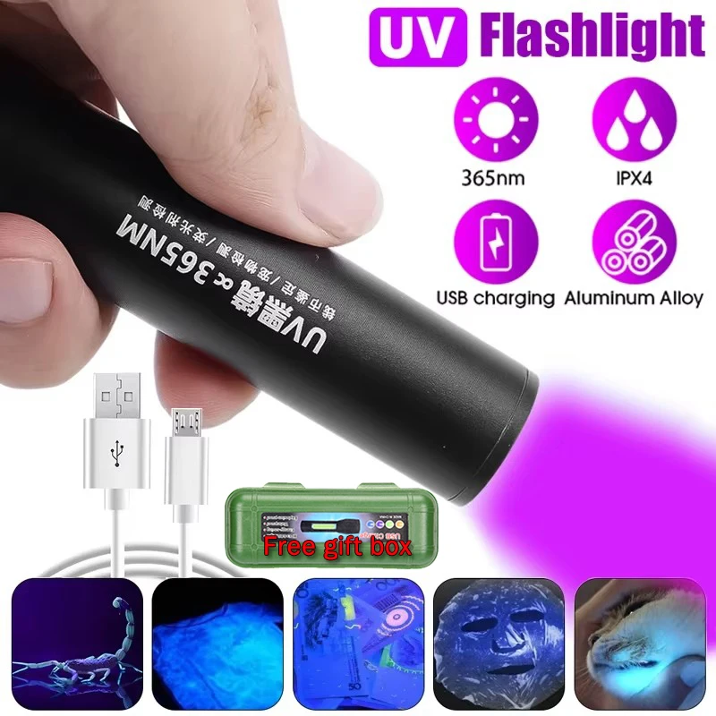 365nm Mini UV Led lampe de poche à lumière noire USB lampe à ongles Rechargeable marqueur de fuite de taches d'animaux minerai argent Scorpion lumières de détection