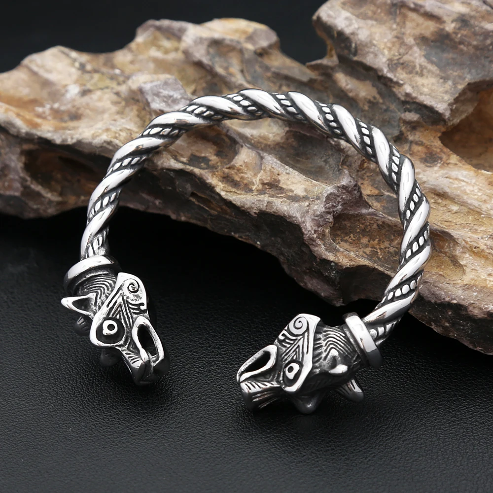 Nordic Viking Stainless Steel Wolf Head Bracelet for Men Women Vintage Fashion Animal Cuff Bangles Biker Jewelry Gifts