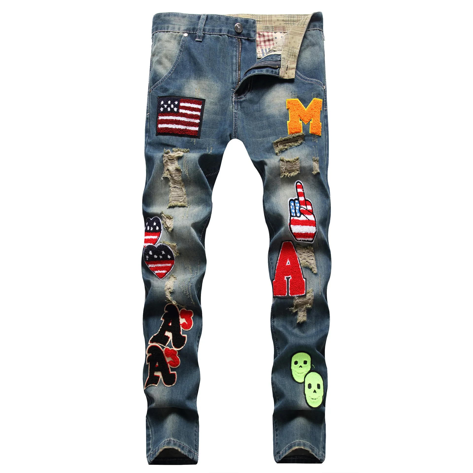 Hip-hop style multi-chapter towel bottom embroidery holes nostalgia color small straight leg jeans man