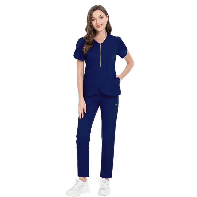 

Wholesale Medical Nursing Scrubs Suit Women Blouse Short Sleeved Nurse Working Uniforms Solid Color Pet Veterinary Work Clothes