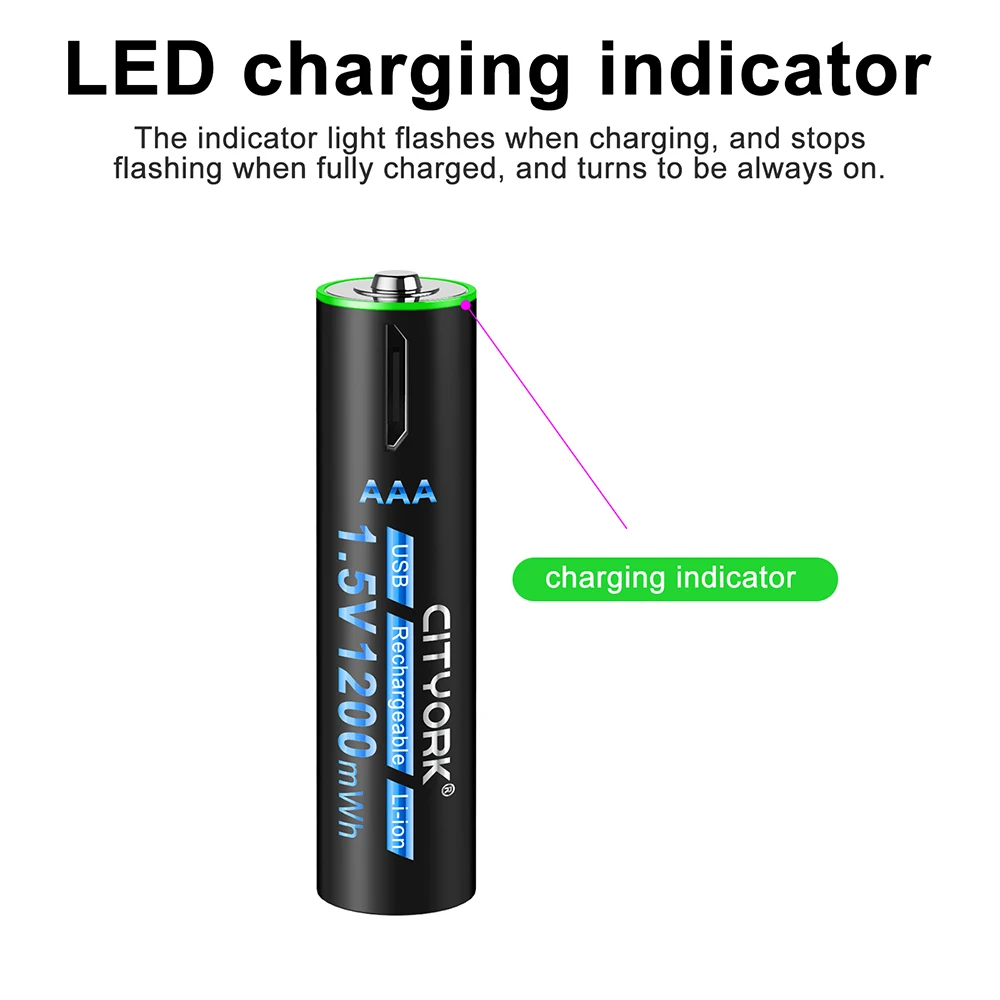 CITYORK 1.5V USB AAA Rechargeable Lithium Battery 1.5V 3A AAA USB Charging Li ion Batteries With USB Cable For Remote Control — view 5