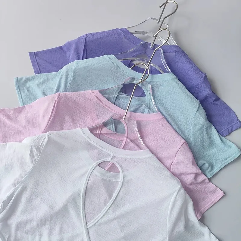 Women's Tight Sports T-shirt Quick Dry Short Sleeve Yoga T-shirt Pilates Fitting Fitness Back Hollow Out Running T-shirt 15 S951541a2e9714679a9d6ec51207bd1f1E
