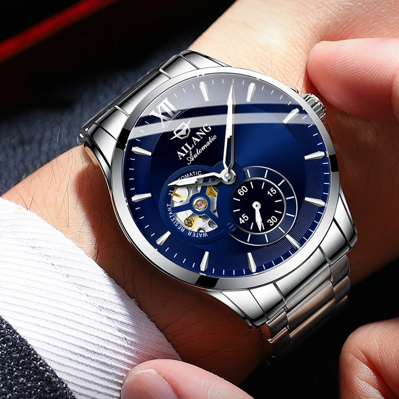 AILANG 2024 Fashion Blue Mechanical Watch For Men Stainless Steel Mens Watches Top Brand Luxury Automatic Skeleton Wristwatches_voghion.com