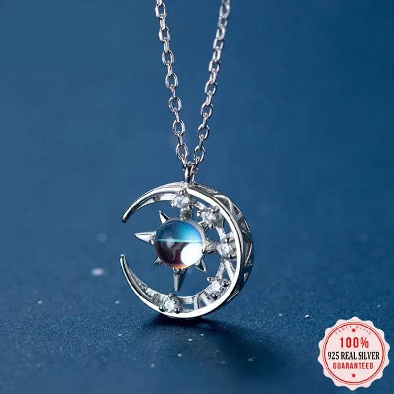 

925 Sterling Silver Fashion Sweet Romantic Moon Star CZ Pendant Necklace Colar for Women Wedding Party Fine S925 Jewelry DS3730