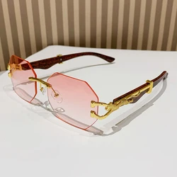 Vintage Leopard Design Rimless Polygonal Metal Frame Anti - Light Glasses - Unisex Outdoor Eyewear (Blue)