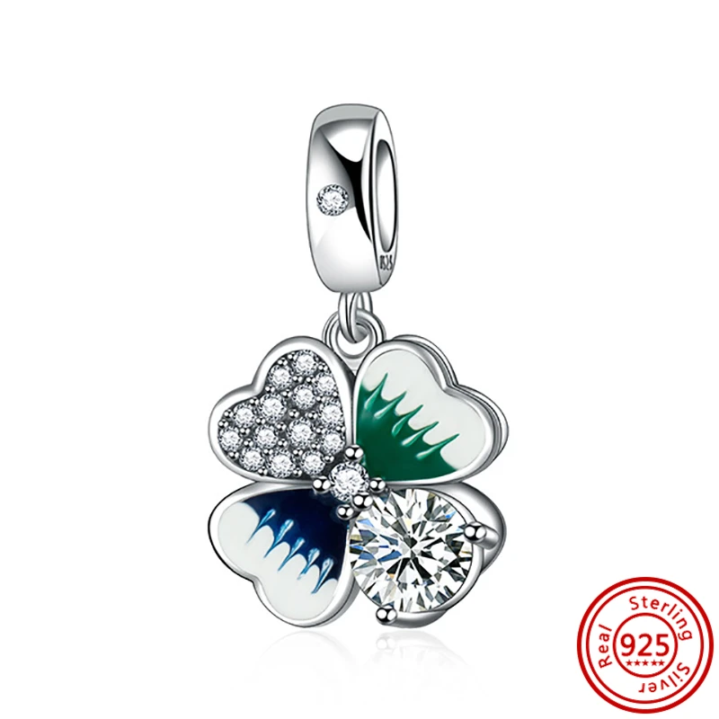 New 925 Sterling Silver Green Pink Four-Leaf Clover Pendant Pavé Shiny DIY Beads Fit Original Pandora Charms Bracelet Jewelry