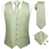 Hi-Tie Sage Green Solid Silk Mens Suit Vests 4PC Woven Waistcoat Tie Pocket Square Cufflinks Business Wedding Dress Waist Jacket 2
