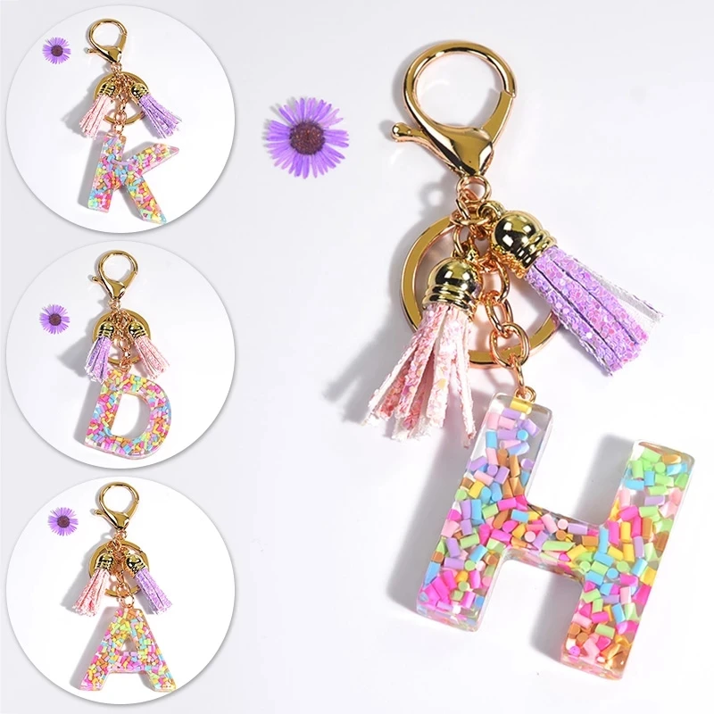 Women's Creative Letter Resin Keychain with Crystal Letter Charms in 2023