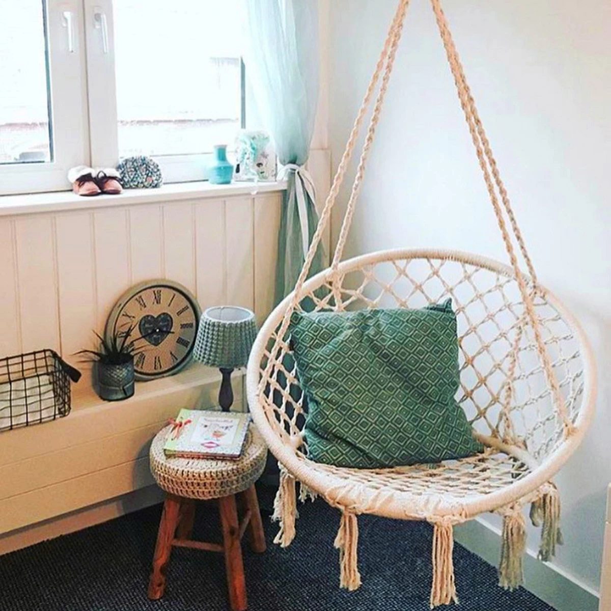 150KG Hammock Hanging Swing Chair Durable Knitted Macrame Swing Chair with Tassels Max 330 Lbs 2 Ways to Hang for Bedroom Garden 2