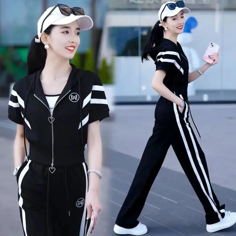 Fashion Casual Set 2024 Early Autumn Fashionable Short Sleeved Cardigan Sports Pants Elegant Women's Two Piece Set