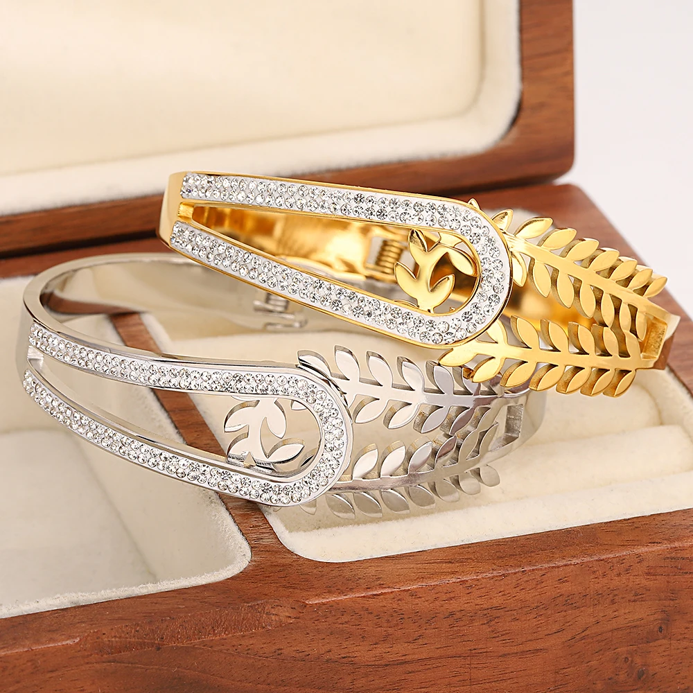 Gold Color Half Leaf Half Rhinestones Stainless Steel Bangles Bracelets for Women Fashion Luxury Waterproof Jewelry 4