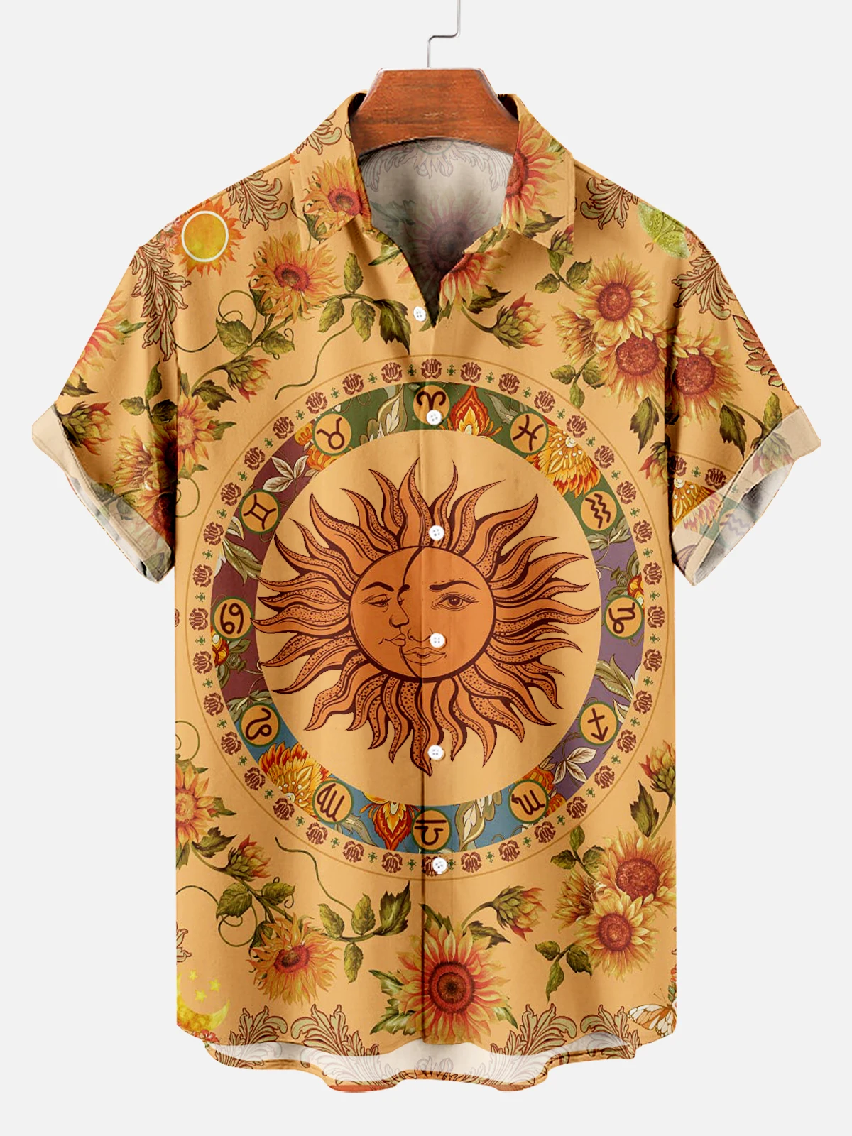 thumbnail image 1 of Camisa de cuello vuelto con estampado 3D de luna y cielo nocturno místico vintage para hombre, camisa informal de manga corta, camisas sueltas de verano para niños, 1 of 5