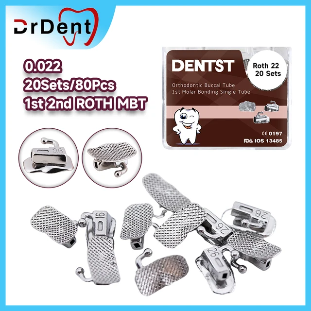 20Sets/box Dental Tubos Orthodontic MBT Roth 022 1st/2nd Molar Bondable Buccal Tubes Non-Convertible Mesh Base Single Tube