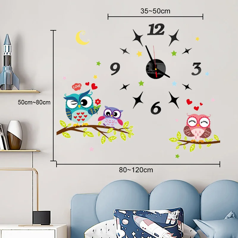 2022 Children'S Room 3D Diy Wall Clock Modern Home Decoration Owl Art Sticker Decal Acrylic Quartz Watch Living Wall Clocks