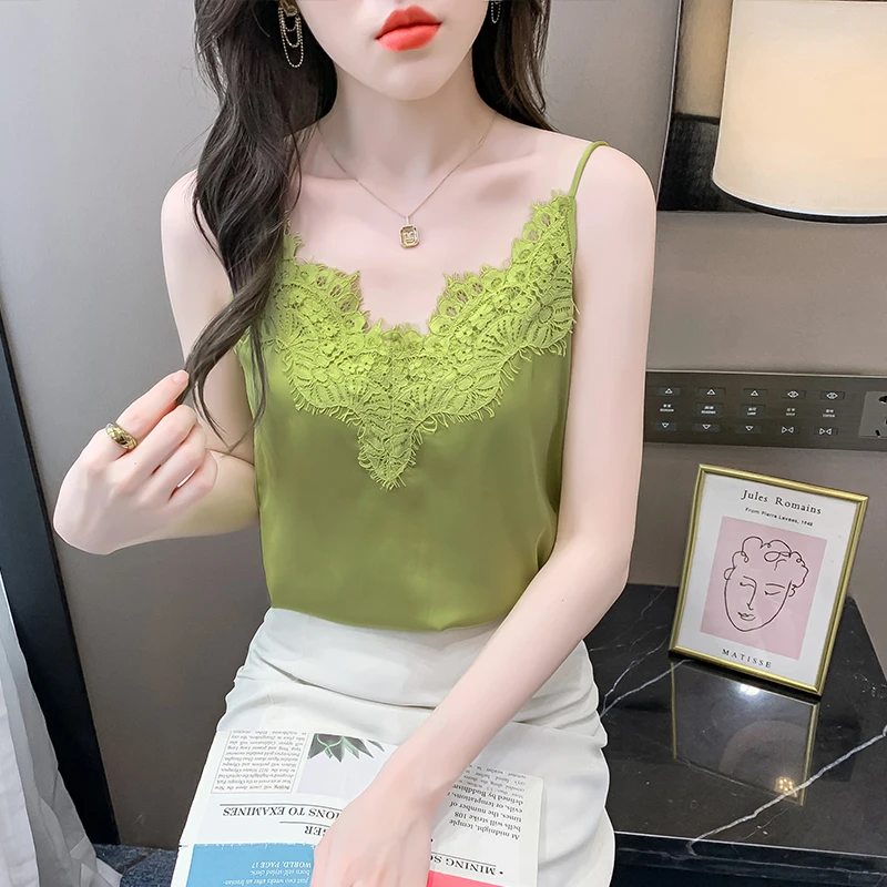 여름 한국 패션 실크 여성 Camis streetwear 새틴 섹시한 탑 레이스 민소매 흰색 여성 탱크 탑 블라우스 OL 여성 의류