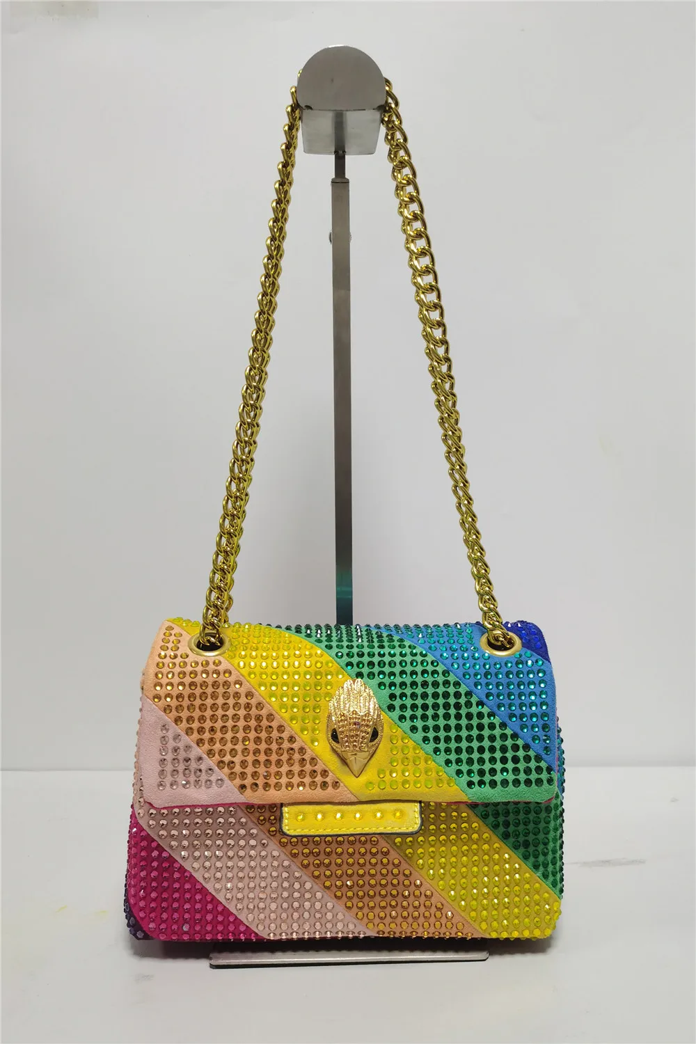 New Rainbow Patchwork Eagle Head Handbag Suede Diamond Women Purse Jointing Colorful Cross Body Bag