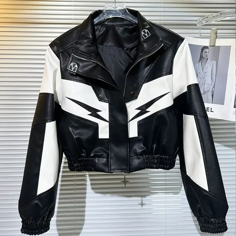

Fashion Motocycle Leather Jacket Women Bomber Jackets Streetwear Classic Black White PU Short Coat Spring Autumn Outwear