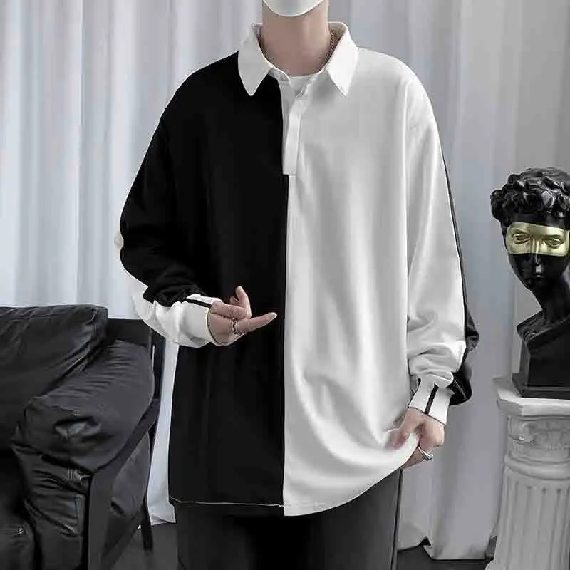 

Футболка мужская с длинным рукавом, модная Повседневная деловая рубашка в Корейском стиле, оверсайз, с соединением внакрой, в стиле Харадзюку, хип-хоп, черная белая, на весну