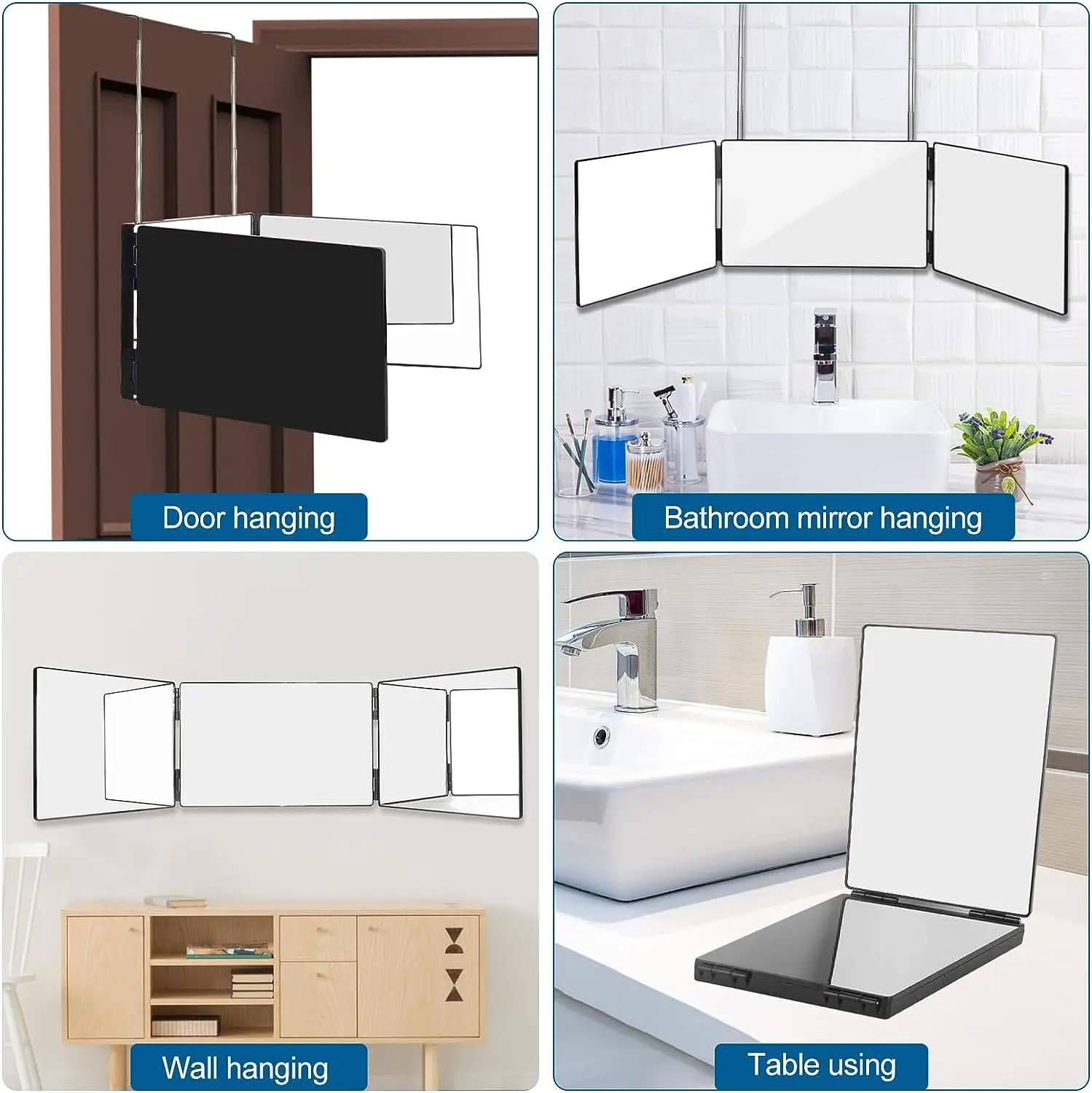 Black Portable 360 Trifold Mirror with Height Adjustable Telescoping Hooks Ideal for Self Hair Cutting Makeup Essential Fordable 6