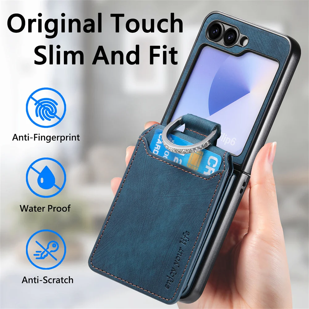 Vintage Leather Flip Phone Case with Ring Bracket and Card Holder Wallet