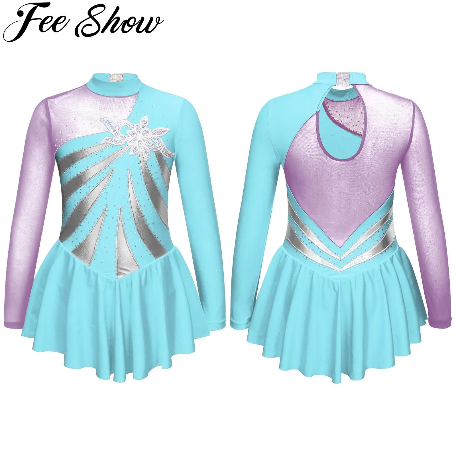 

Rhinestone Sequins Floral Ballet Gymnastics Leotard Girls Figure Skating Dress Kids Competition Stage Performance Dance Costume