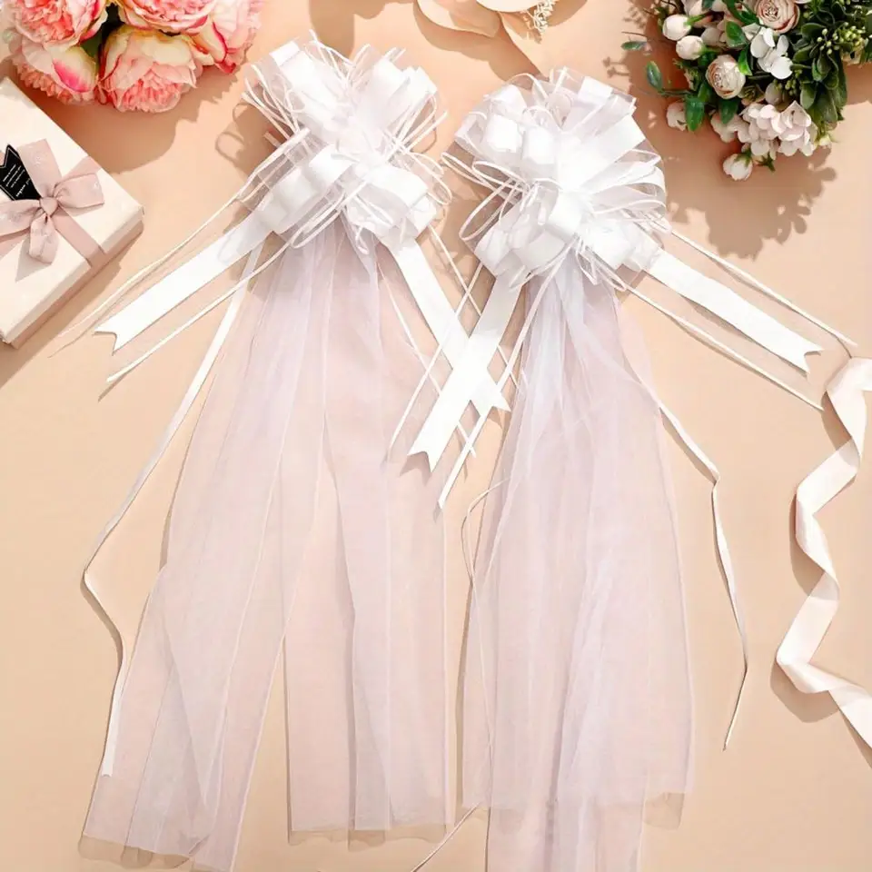 5 pezzi di fiocchi per matrimonio in chiesa con code lunghe in tulle, decorazione per corridoio, sedia, decorazione per auto, per cerimonia di decorazione per corridoio della chiesa  15