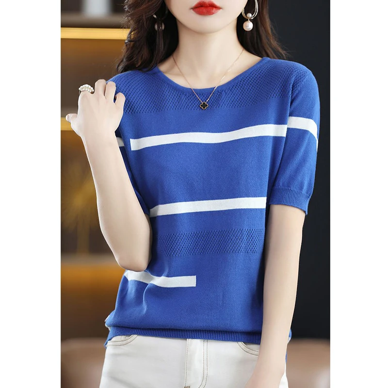 Spring Summer O Neck Vintage Striped Patchwork Knitting Tee Ladies Loose Casual All-match Pullover Top Women Hollow Out T-shirt