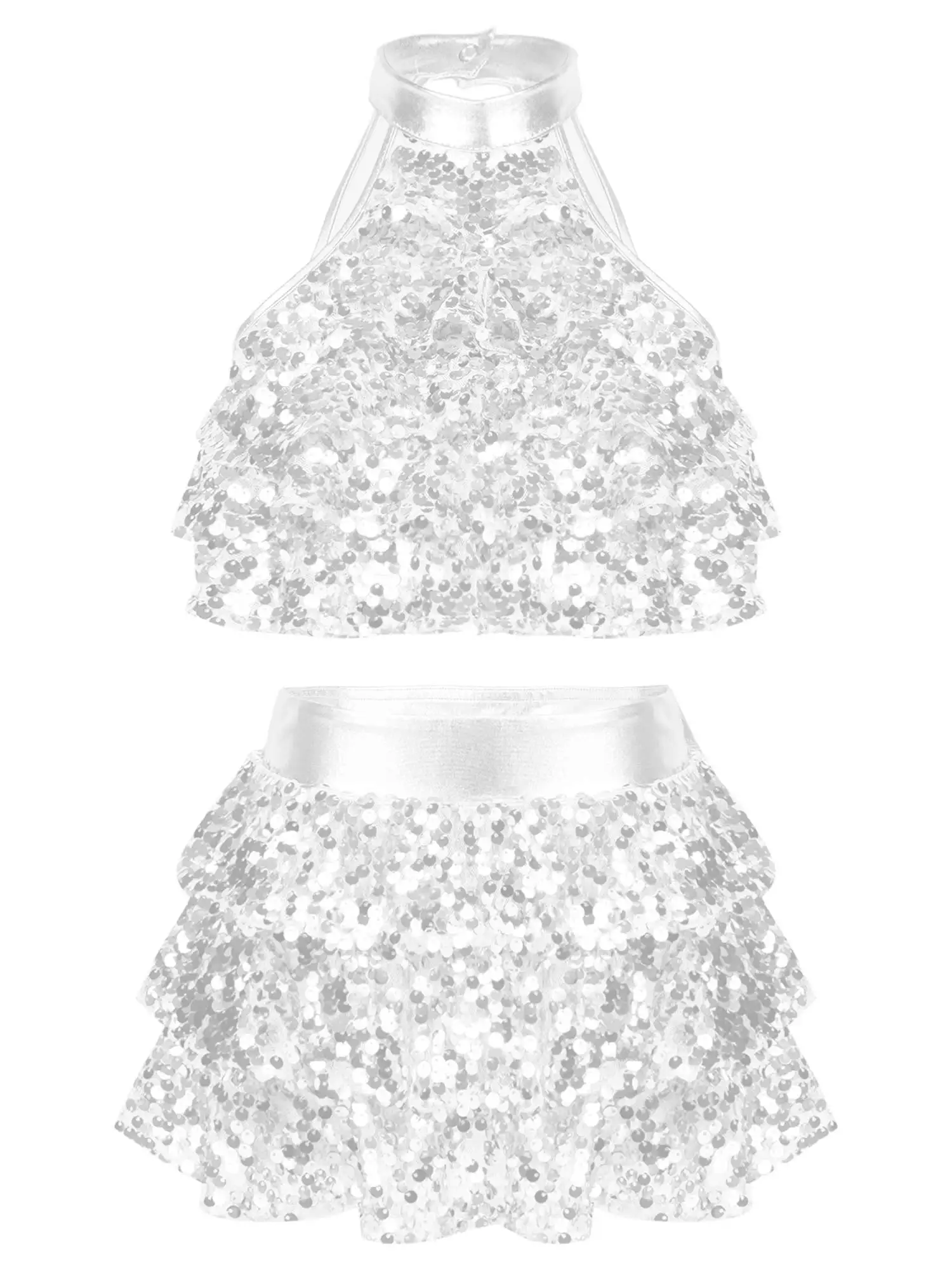 Kids Girls Stylish Clothing Sleeveless Round Collar Backless Shiny Sequins Tiered Crop Top with Elastic Waistband Skirt dance
