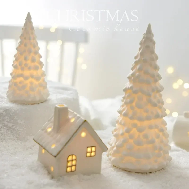 Miniature Christmas Village Houses Decor Snowflake LED Light White Porcelain Castle Desktop Ornament Christmas Decorations