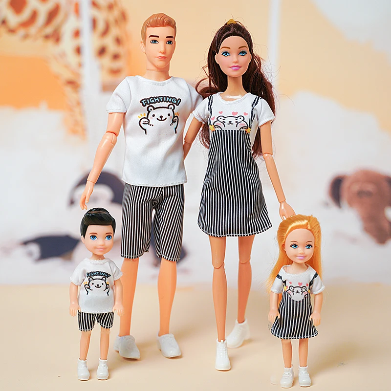 1/6 Barbi Doll Toy Family Doll Set of 4 People Mom Dad Kids 30cm Barbies  Doll Full Set With Clothes for Education Birthday Gift
