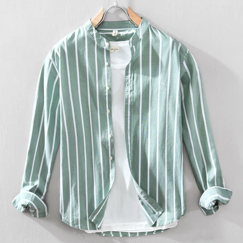 

2023 Men's Autumn New Casual Striped Loose Stand Collar Young Men's Shirt
