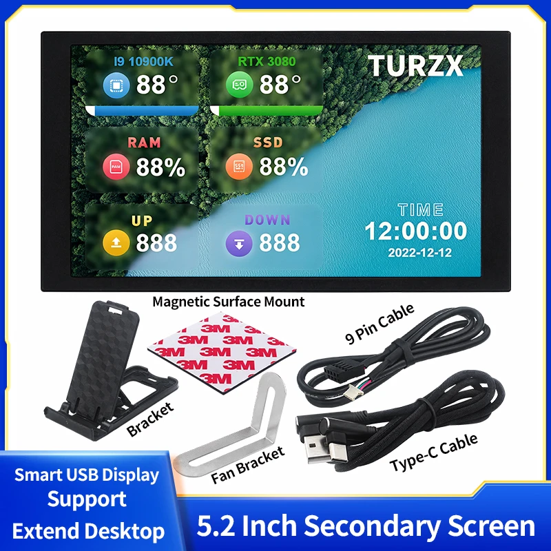 TURZX 5.2 Inch Secondary Screen USB-C Interface CPU GPU RAM Smart
