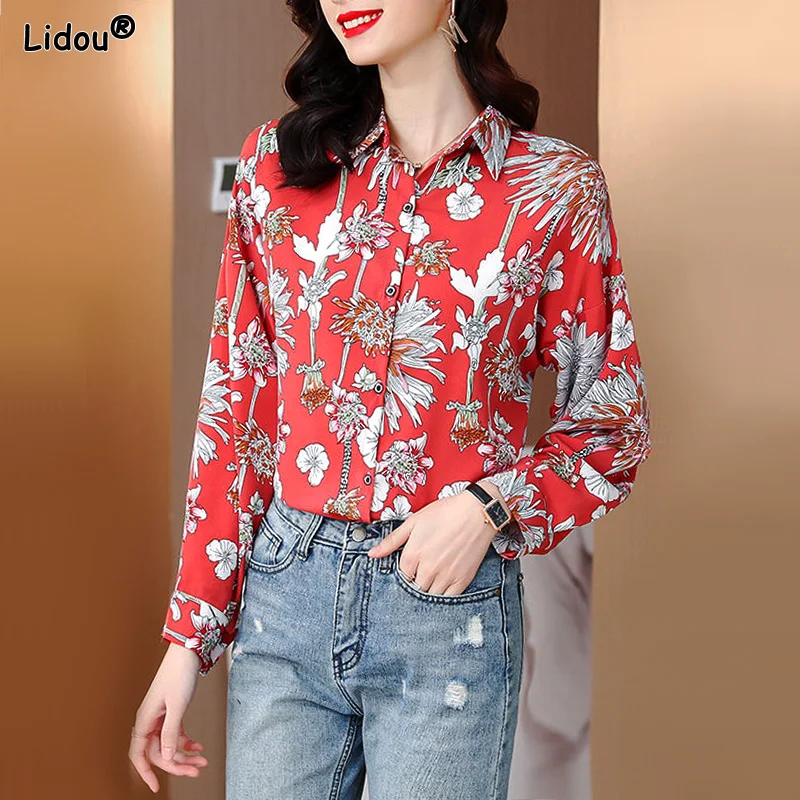 Thin Intellectual Women's Clothing Turn-down Collar Blouses Button Printing Elegant Fashion Casual Spring Summer Temperament