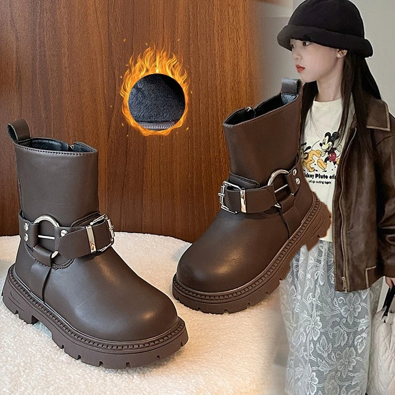 Children Leather Boots Suede Warm Kids Fashion Boots Korean Style Versatile 2025 Autumn Winter Girls Princess Boots Round Toes