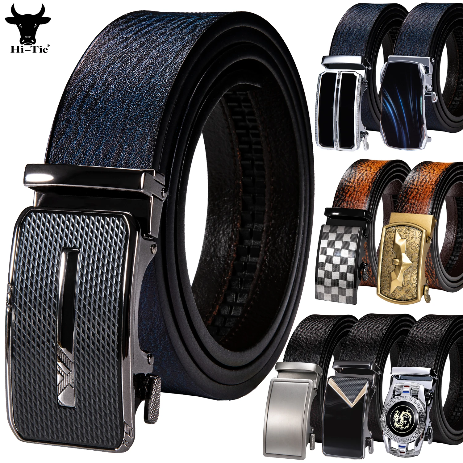 

Hi-Tie 3.5cm Width Real Leather Mens Belts Brown Blue Tan Ratchet Waistband Automatic Buckles Belt for Men Dress Jeans Gift