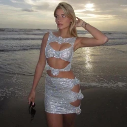 Sexy Silvery Two Piece Set Sequins Woman Clothes Hollow Out Party Dress Sparkly Cocktail Dresses With Flowers Ever Pretty 2023