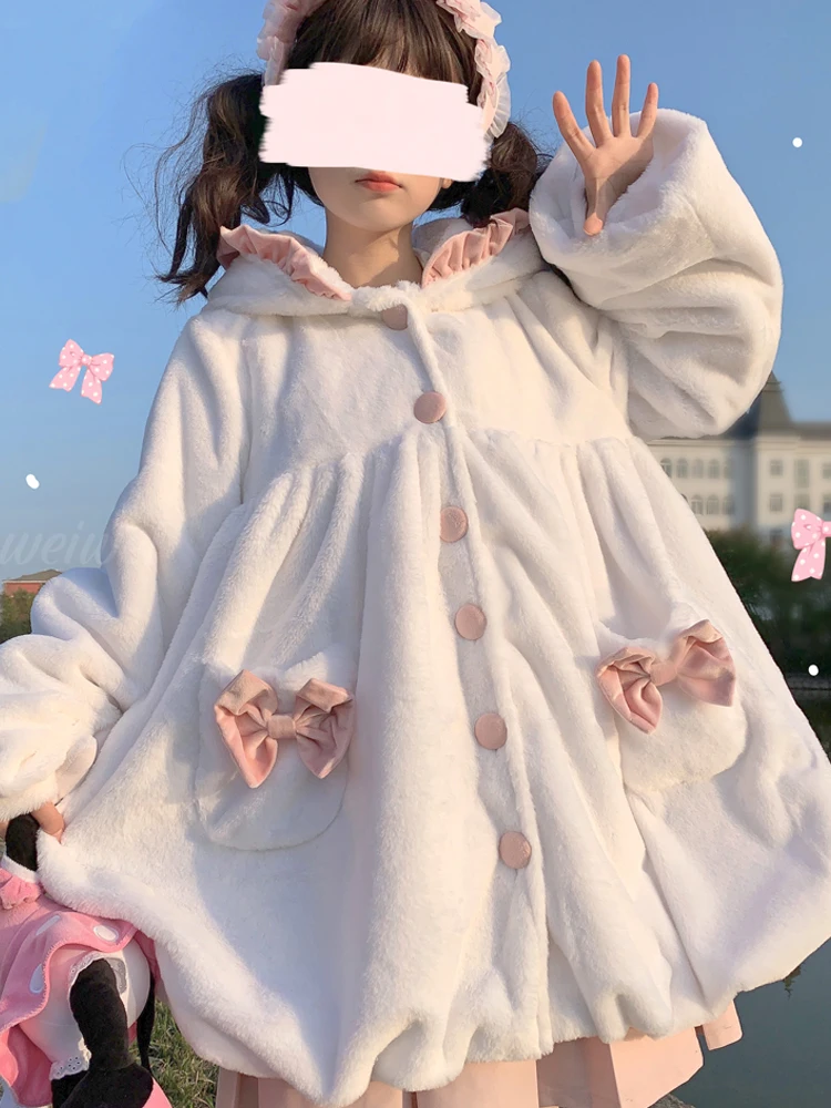 

KIMOKOKM Winter Sweet Peter Pan Collar Rabbit Ear Hooded Coat Kawaii Bow Full Sleeve A-Line Single-Breasted Loli Plush Outerweat