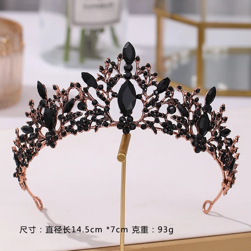 바로크 블랙 크리스탈 신부 티아라 크라운, 미인 대회 무도회, 라인석 베일 티아라 머리띠, 웨딩 헤어 액세서리