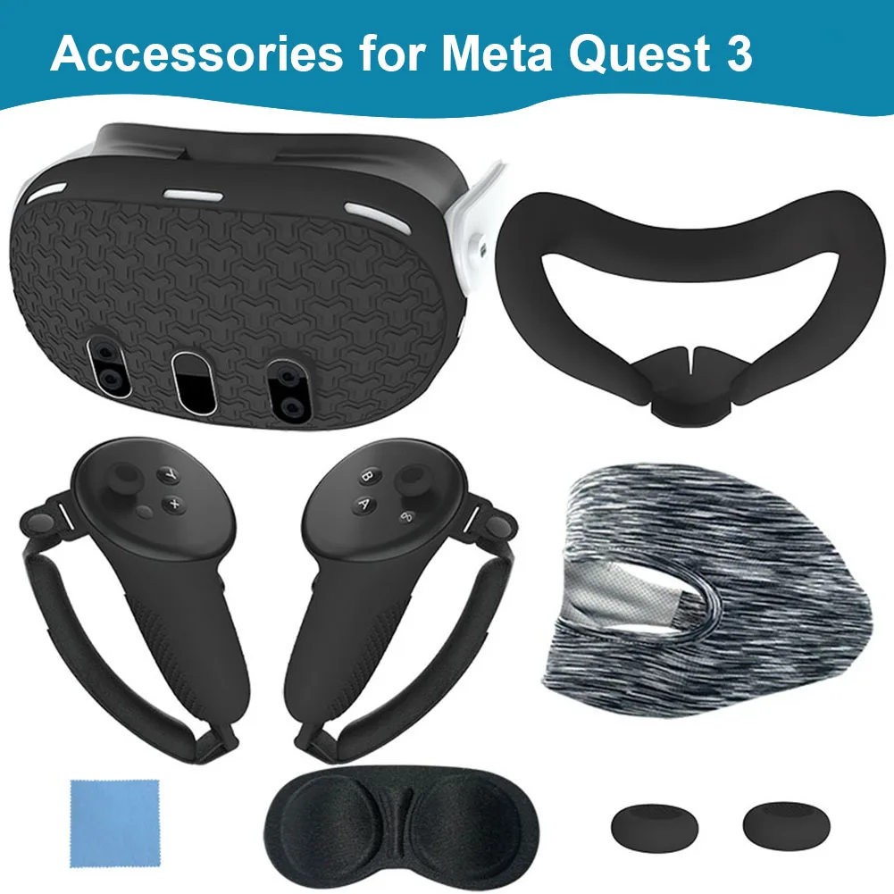 For Meta Quest 3 Accessories 7-Piece Set TPU Front Protective Cover Shell Hand Grips Skin Sleeve Comfortable Eye Mask Nose Pad