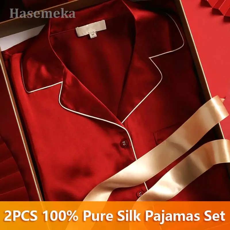 Female Real Silk Pajama Sleepwear 100% Pure Women's Pajamas Suits Long Top and Pant Silk Pajama Sets Plus Size Pijama Home Suit